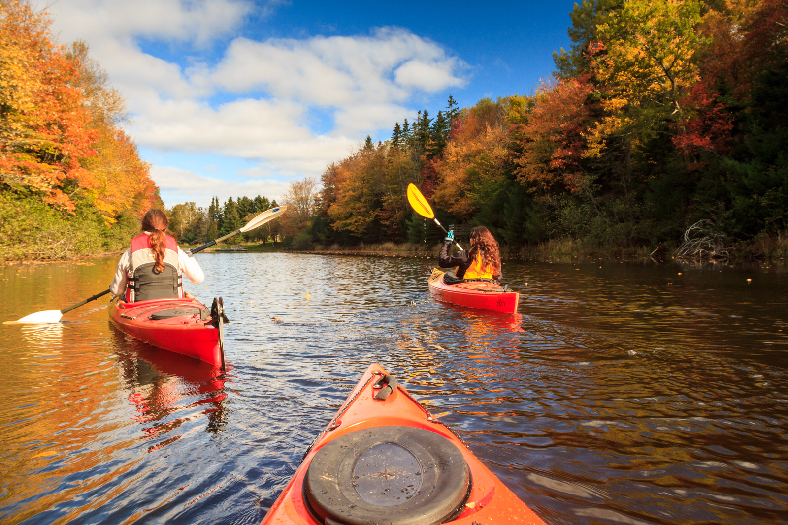 Two people kayaking down a calm river surrounded by vibrant autumn trees under a bright, partly cloudy sky.