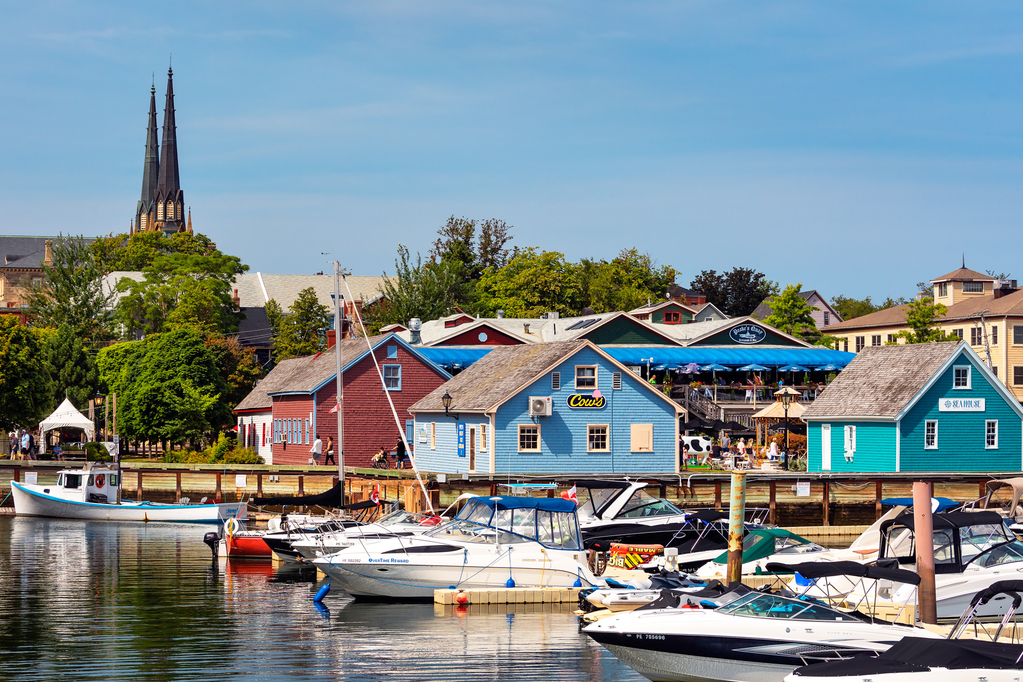 Boats docked in a sunny waterfront marina in Charlottetown, with colorful buildings along the shore and tall church spires in the background.